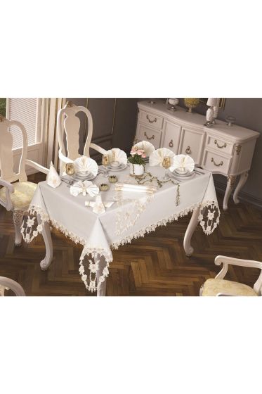 Daisy Love Masa Örtüsü 160x260 Cm 26 Parça Krem - Çeyiz Diyarı (1)