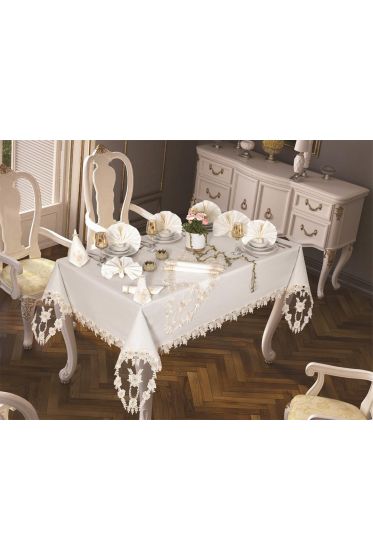 Daisy Love Masa Örtüsü 160x220 Cm 26 Parça Krem - Çeyiz Diyarı (1)