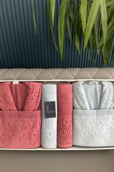 Damask 6 Parça Aile Bornoz Takımı Cherry Gri - Çeyiz Diyarı