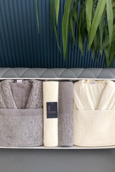 Damask 6 Parça Aile Bornoz Takımı Krem Antrasit - Çeyiz Diyarı