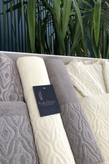 Damask 6 Parça Aile Bornoz Takımı Krem Antrasit - Çeyiz Diyarı (1)