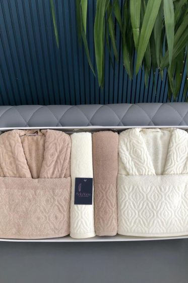 Damask 6 Parça Aile Bornoz Takımı Krem Kahve - Çeyiz Diyarı