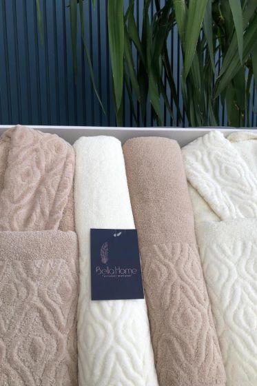 Damask 6 Parça Aile Bornoz Takımı Krem Kahve - Çeyiz Diyarı (1)