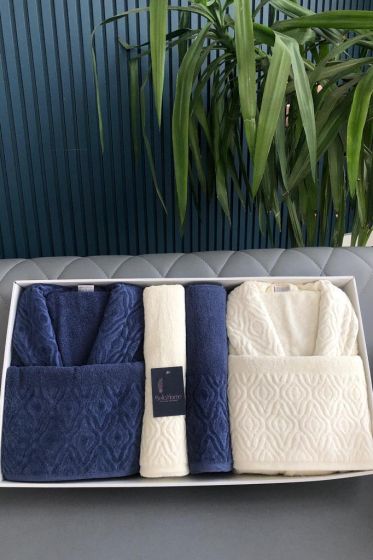 Damask 6 Parça Aile Bornoz Takımı Krem Lacivert - Çeyiz Diyarı