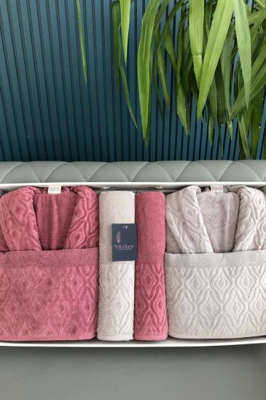 Damask 6 Parça Aile Bornoz Takımı Mürdüm Gri - Çeyiz Diyarı