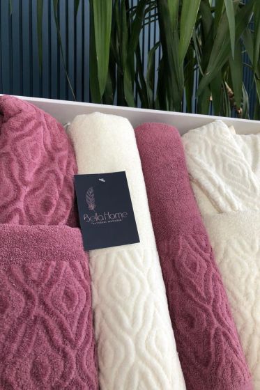 Damask 6 Parça Aile Bornoz Takımı Mürdüm Krem - Çeyiz Diyarı (1)