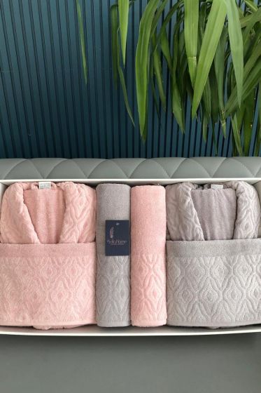 Damask 6 Parça Aile Bornoz Takımı Pudra Gri - Çeyiz Diyarı