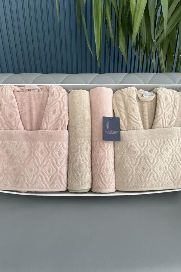 Damask 6 Parça Aile Bornoz Takımı Pudra Kahve - Çeyiz Diyarı