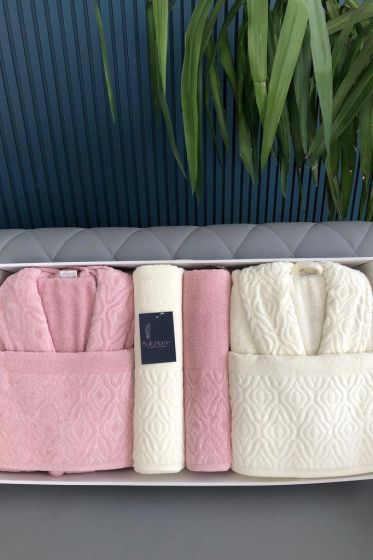 Damask 6 Parça Aile Bornoz Takımı Pudra Krem - Çeyiz Diyarı