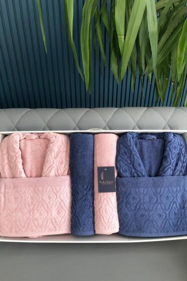 Damask 6 Parça Aile Bornoz Takımı Pudra Lacivert - Çeyiz Diyarı