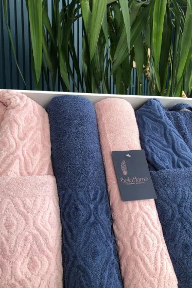 Damask 6 Parça Aile Bornoz Takımı Pudra Lacivert - Çeyiz Diyarı (1)