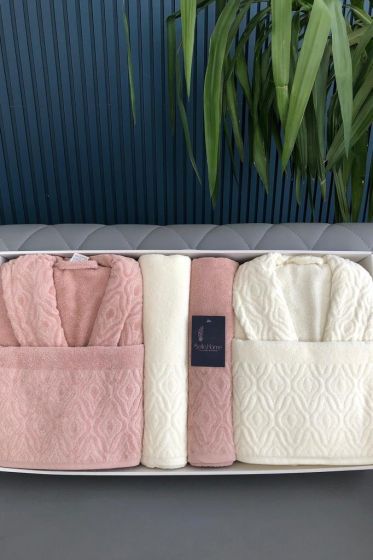 Damask 6 Parça Aile Bornoz Takımı Somon Krem - Çeyiz Diyarı