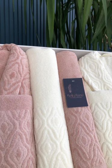 Damask 6 Parça Aile Bornoz Takımı Somon Krem - Çeyiz Diyarı (1)