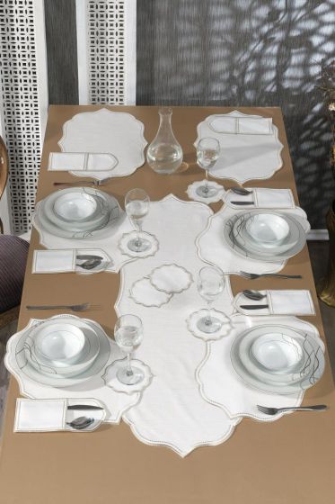 Damla Keten Nakışlı Amerikan Servis Takımı 19 Parça Bej - Çeyiz Diyarı