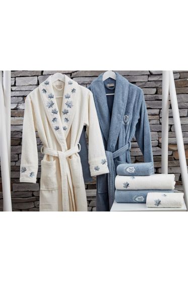 Dantela Leaf Nakışlı Pamuklu Bornoz Takımı Krem Mavi - Dantela (1)