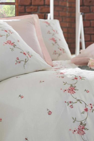 Dantela Rosa Nakışlı Pamuk Saten Nevresim Takımı Krem Pudra - Dantela (1)