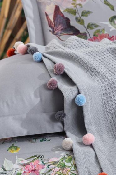 Dantela Violet Ponponlu Çift Kişilik Pike Takımı Antrasit - Dantela (1)