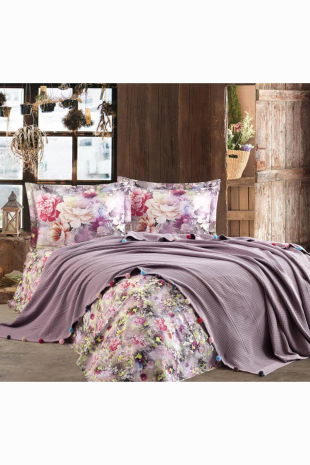 Dantela Violet Ponponlu Çift Kişilik Pike Takımı Leylak - Dantela (1)