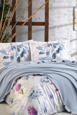 Dantela Violet Ponponlu Çift Kişilik Pike Takımı Mavi - Dantela