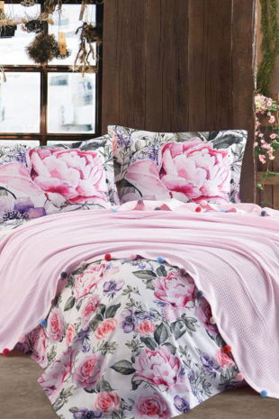 Dantela Violet Ponponlu Çift Kişilik Pike Takımı Pembe - Dantela