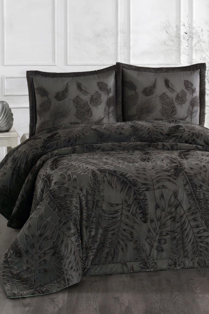 Defne Elyaf Dolgulu Çift Kişilik 250x255 Cm Yatak Örtüsü Antrasit - 1