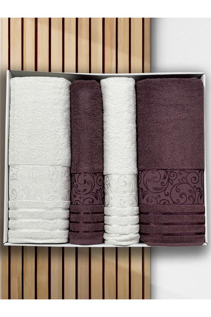 Deren Hamam Takımı 4 Parça Krem - Mürdüm - 1