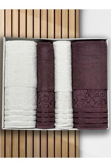 Deren Hamam Takımı 4 Parça Krem - Mürdüm - Çeyiz Diyarı