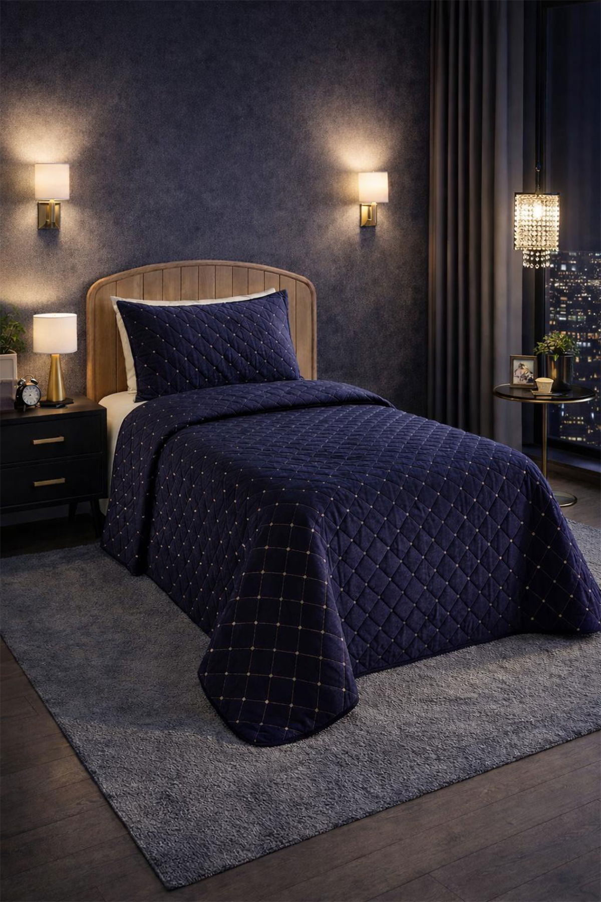 Dessert Kadife Tek Kişilik Yatak Örtüsü Lacivert - 1