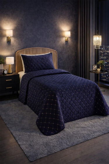 Dessert Kadife Tek Kişilik Yatak Örtüsü Lacivert - Çeyiz Diyarı