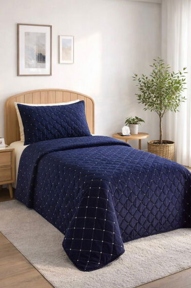 Dessert Kadife Tek Kişilik Yatak Örtüsü Lacivert - Çeyiz Diyarı (1)