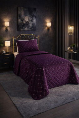 Dessert Kadife Tek Kişilik Yatak Örtüsü Mürdüm - 1