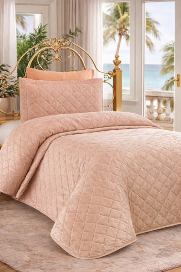 Dessert Kadife Tek Kişilik Yatak Örtüsü Pudra - Çeyiz Diyarı