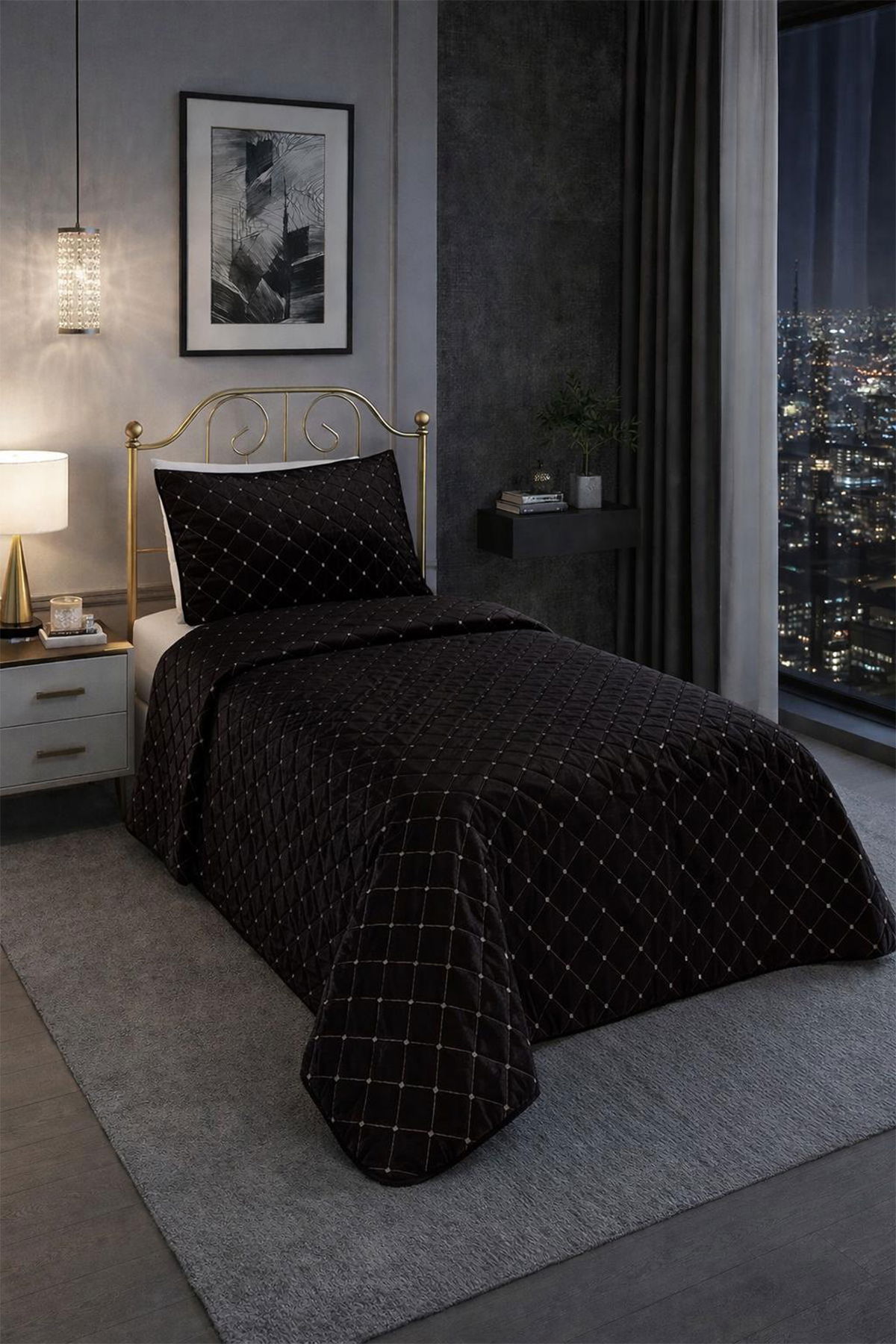 Dessert Kadife Tek Kişilik Yatak Örtüsü Siyah - 1