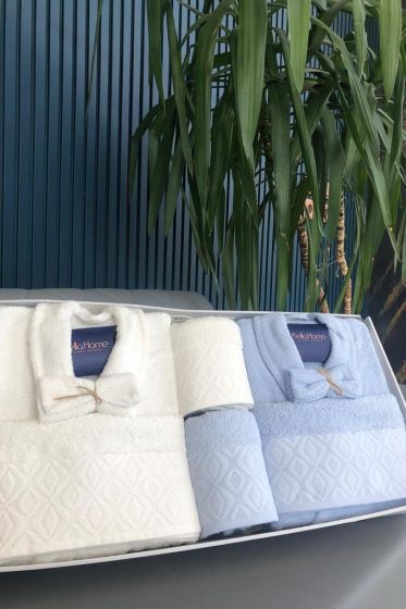 Diamond Jakarlı 10 Parça Aile Bornoz Takımı Krem Açık Mavi - Çeyiz Diyarı