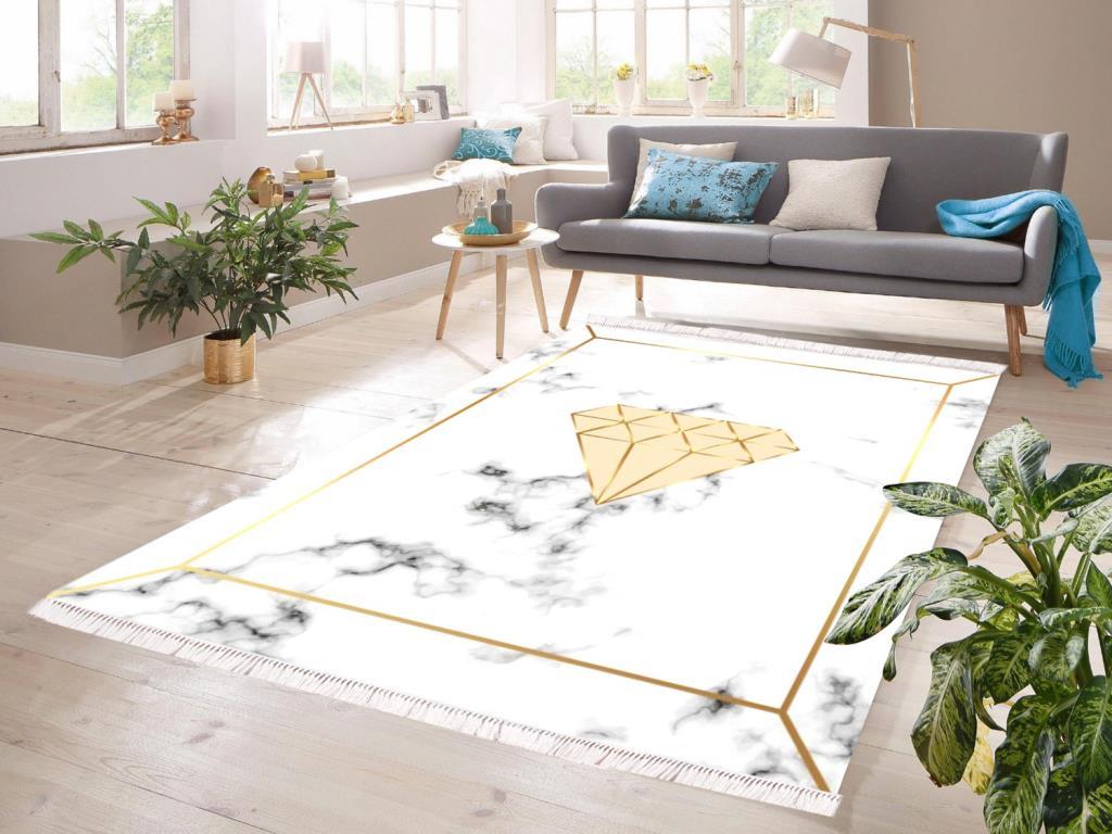 Dijital Baskı Kaymaz Taban Kadife Halı Diamond Beyaz-Gold 80x200 Cm - 1