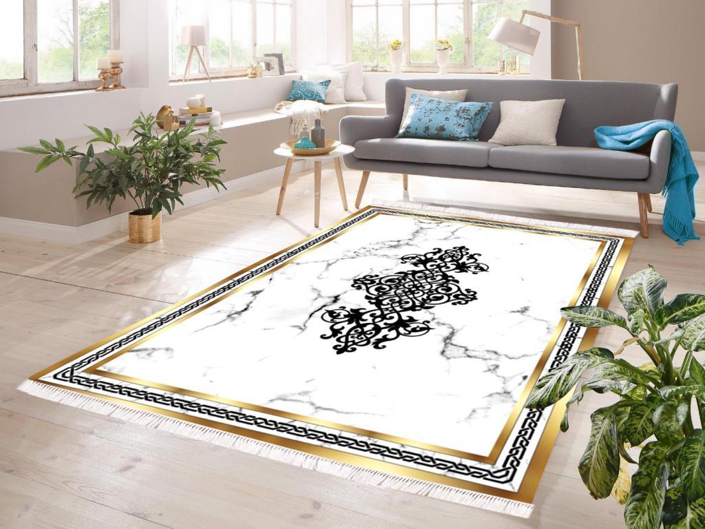 Dijital Baskı Kaymaz Taban Kadife Halı Erika Beyaz-Gold 80x200 Cm - 1