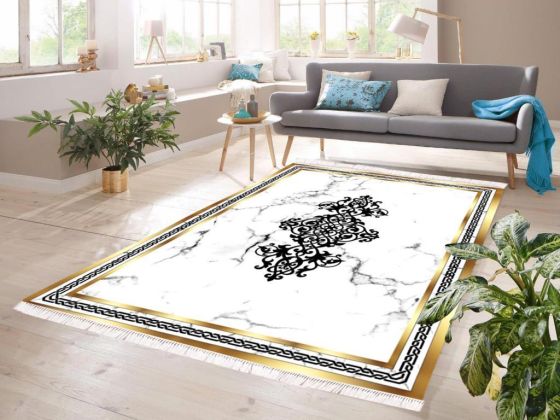 Dijital Baskı Kaymaz Taban Kadife Halı Erika Beyaz-Gold 80x200 Cm - Çeyiz Diyarı