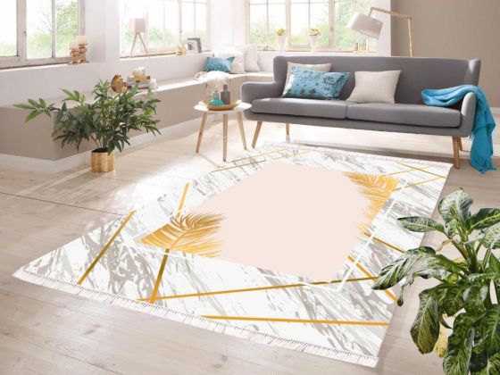 Dijital Baskı Kaymaz Taban Kadife Halı Franca Beyaz-Gold 100x300 Cm - Çeyiz Diyarı