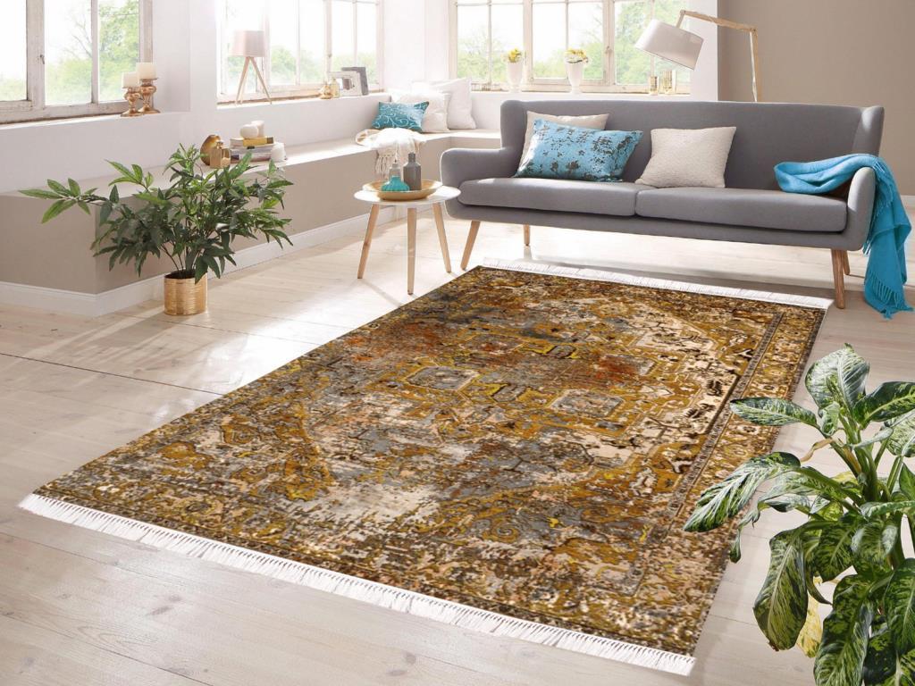 Dijital Baskı Kaymaz Taban Kadife Halı İnna Gold 80x200 Cm - 1