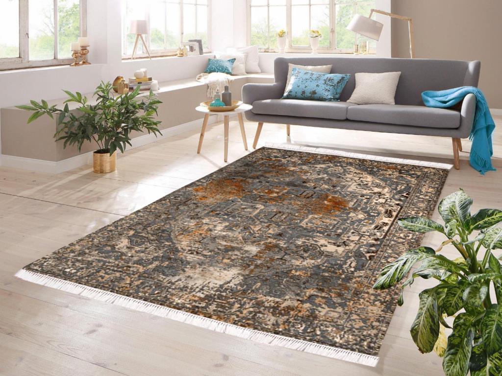Dijital Baskı Kaymaz Taban Kadife Halı İnna Gri-Krem 80x150 Cm - 1