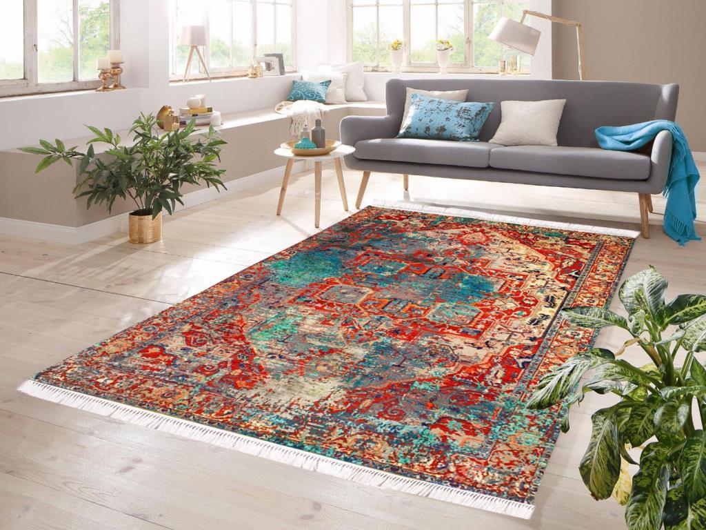 Dijital Baskı Kaymaz Taban Kadife Halı İnna Kırmızı-Turkuaz 100x300 Cm - 1