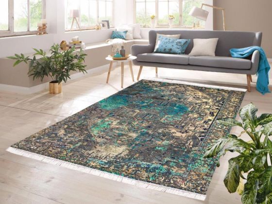 Dijital Baskı Kaymaz Taban Kadife Halı İnna Turkuaz 120x180 Cm - Çeyiz Diyarı