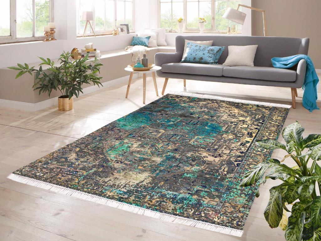 Dijital Baskı Kaymaz Taban Kadife Halı İnna Turkuaz 80x200 Cm - 1