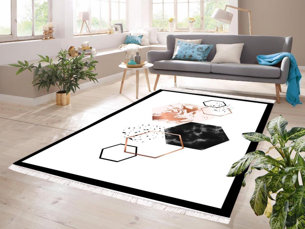 Dijital Baskı Kaymaz Taban Kadife Halı Sandra Beyaz-Siyah 80x150 Cm - 1