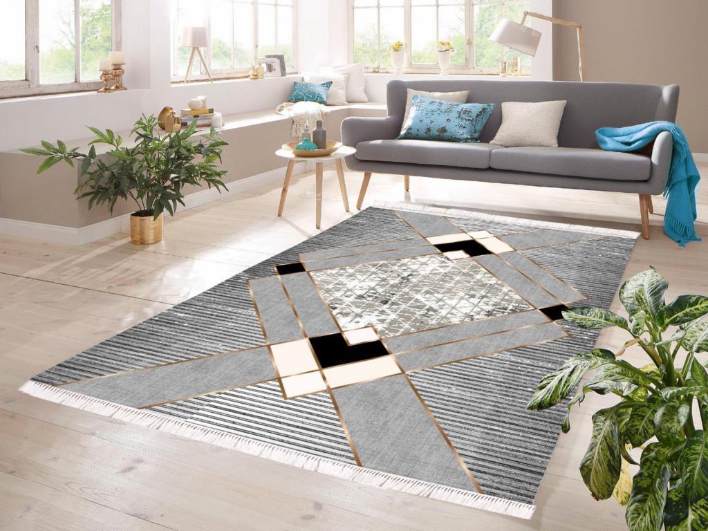 Dijital Baskı Kaymaz Taban Kadife Halı Square Gri 80x150 Cm - 1