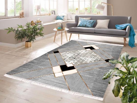 Dijital Baskı Kaymaz Taban Kadife Halı Square Gri 80x150 Cm - Çeyiz Diyarı