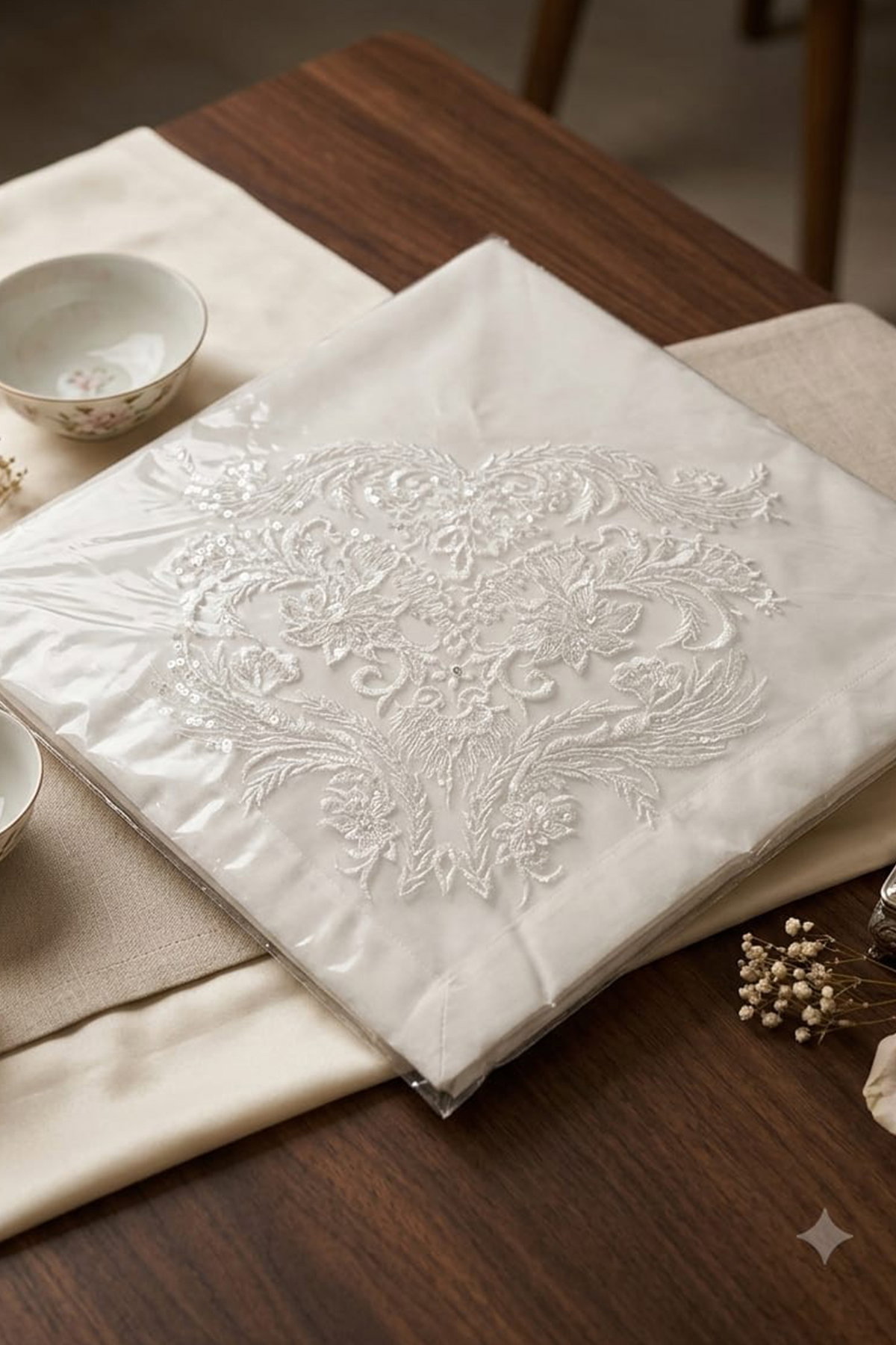 Dilan Saten Lüks Nişan Bohçası 90x90 cm Krem - 1