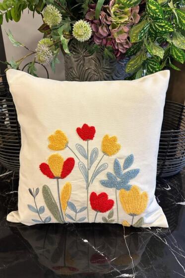 Diyar Lüx Nakışlı Keten Kırlent Kılıfı 45x45 cm - Çeyiz Diyarı