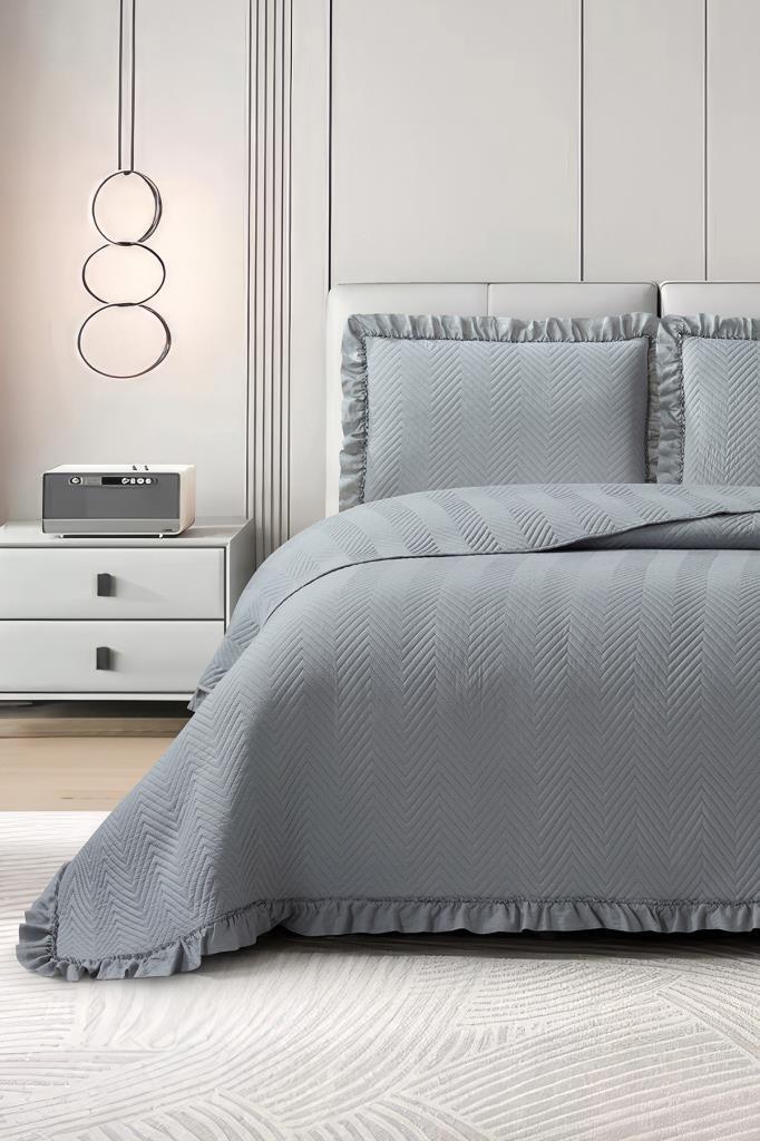 Dubai Elyaf Dolgulu Çift Kişilik 240x260 Cm Yatak Örtüsü Koyu Gri - 1