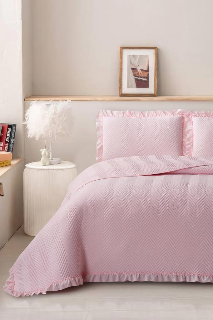 Dubai Elyaf Dolgulu Çift Kişilik 240x260 Cm Yatak Örtüsü Pudra - 1